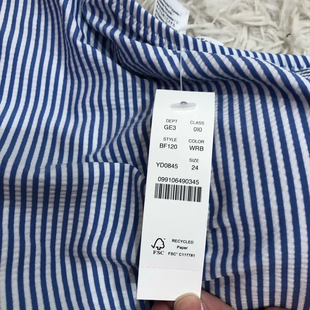 J Crew Ruched‎ Seersucker One Shoulder One Piece Swimsuit Blue White Size 24